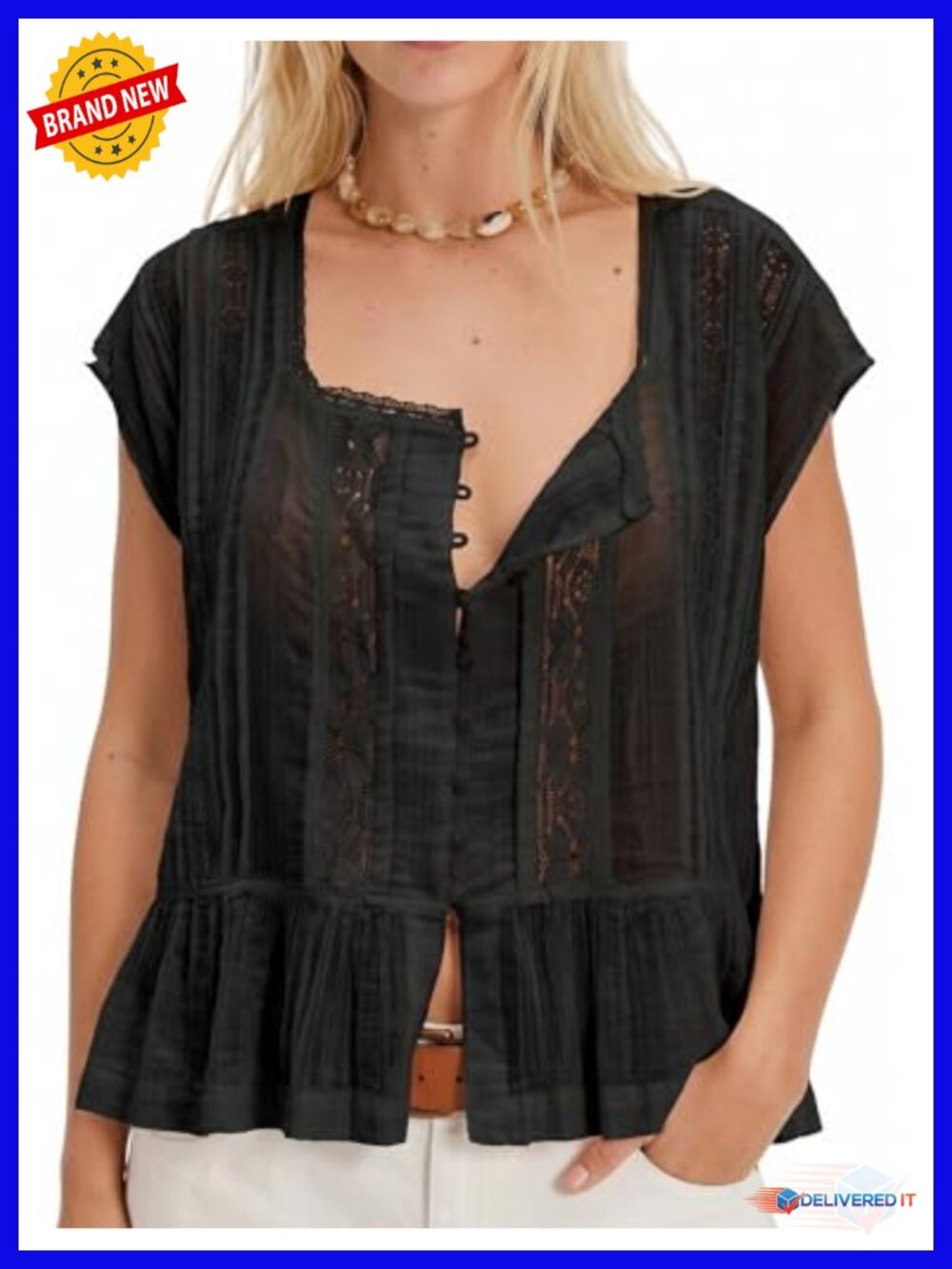 Women Boho Semi Sheer Lace Trim Button Down Short Sleeve Blouse